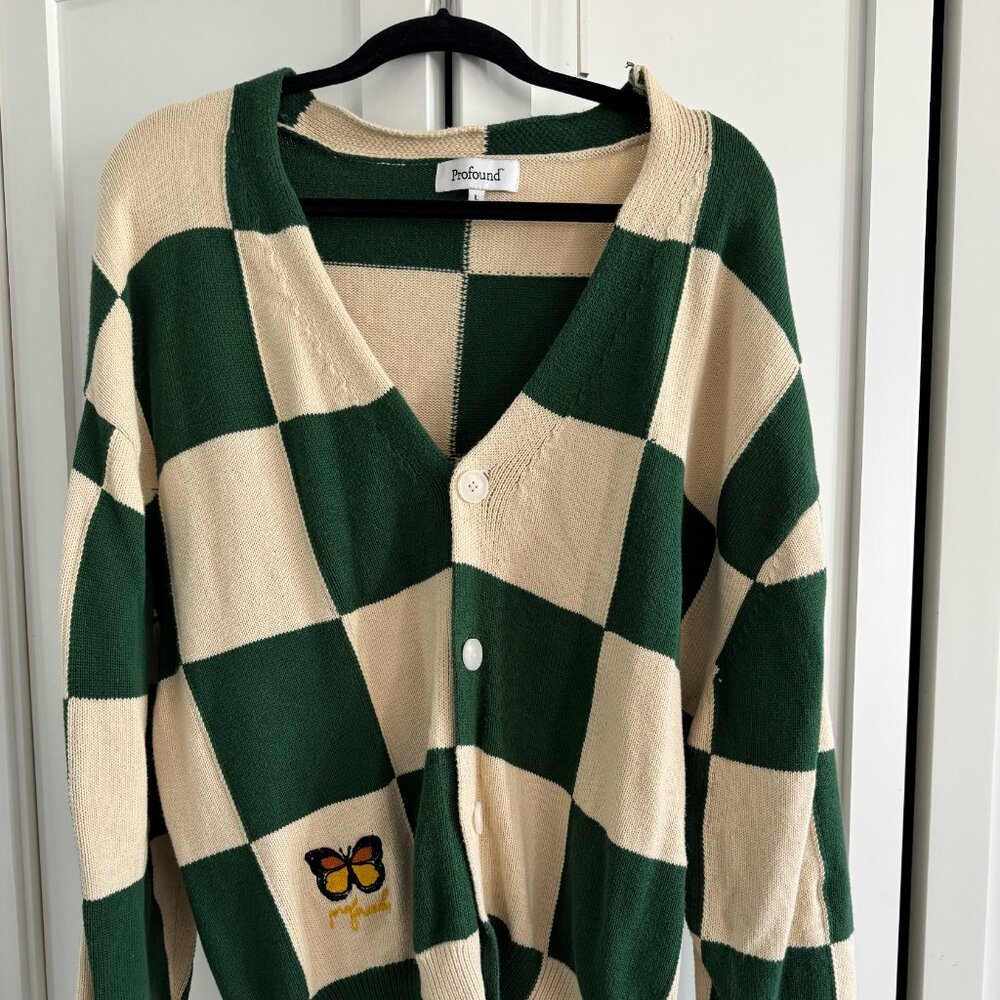 Profound/Found Clothing - Oversized Sweater Cardigan in Green & Cream checkered